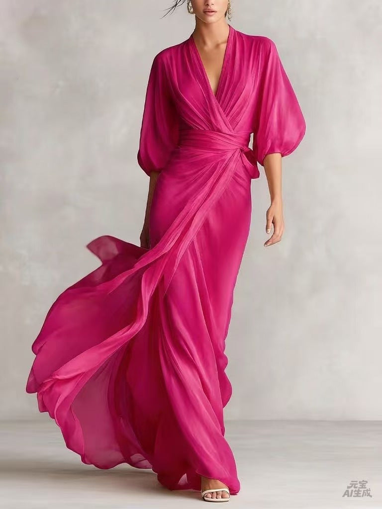 Women's slim-fit A-line long dress in a classic silhouette, styled as elegant office wear for a polished professional look.