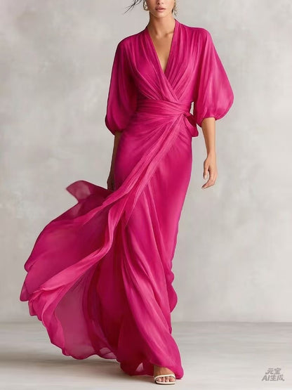 Women's slim-fit A-line long dress in a classic silhouette, styled as elegant office wear for a polished professional look.