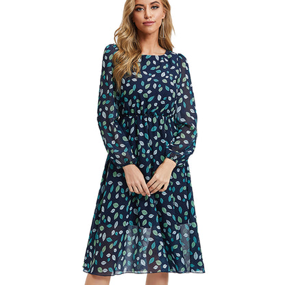 Floral print long sleeve midi dress with high waist and A-line silhouette, side detail view