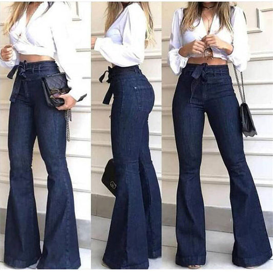 High waist wide leg denim pants with flared silhouette and lace-up detail, shown in a flattering front view