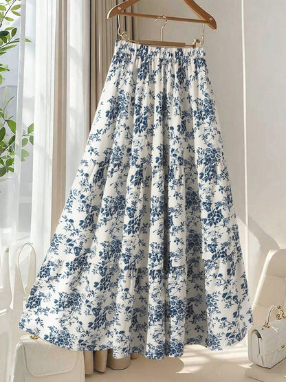 Women's high-waisted floral print midi skirt with a flared A-line silhouette, shown in a close-up detail view
