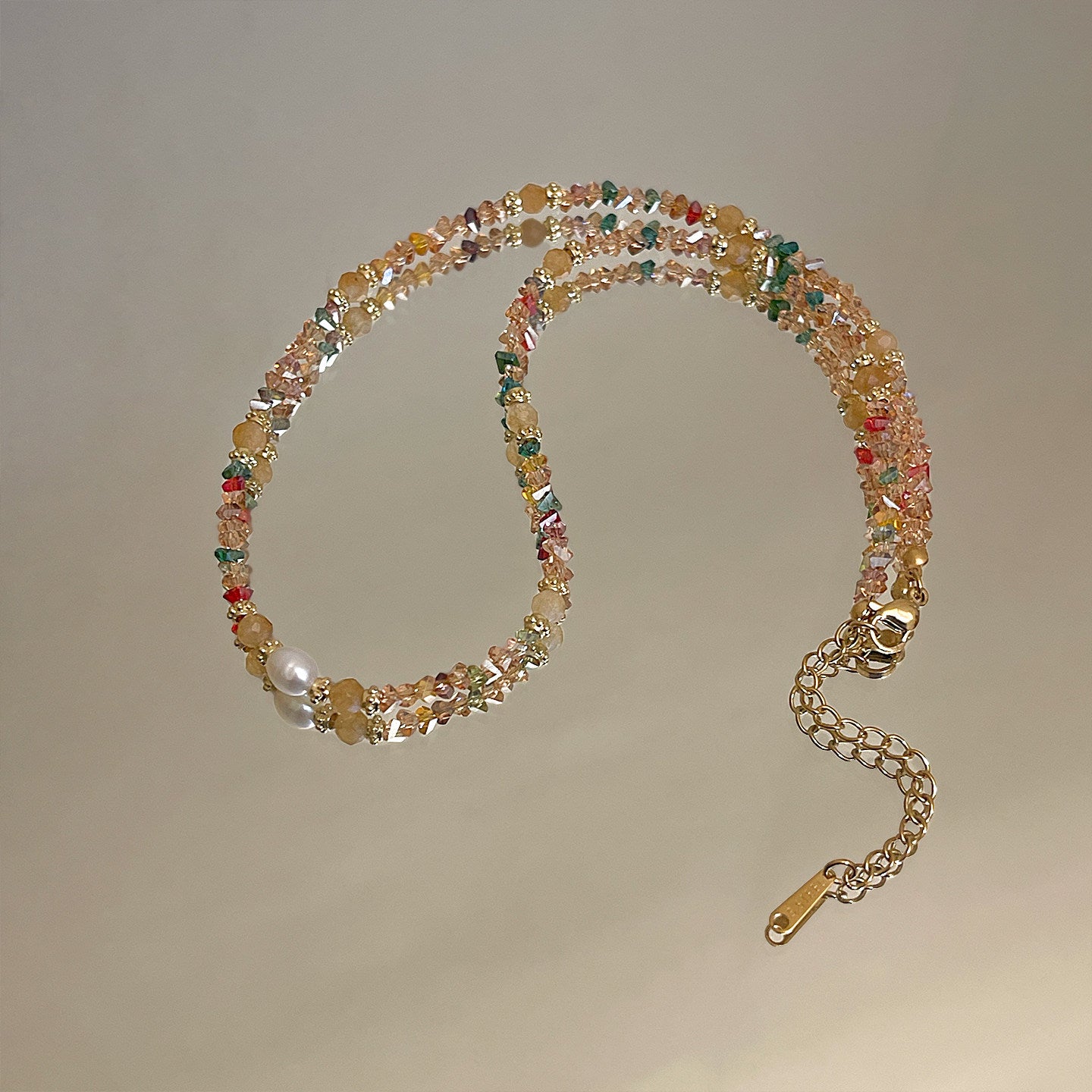 Colorful dopamine clavicle necklace with bright layered chains, a bold statement piece in trendy fashion jewelry