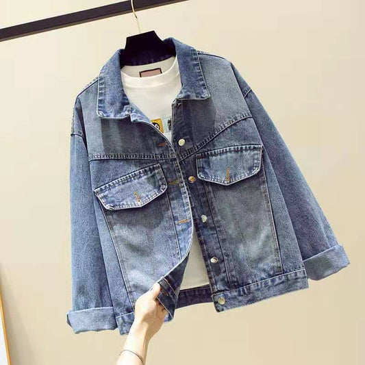 Women's casual loose printed denim jacket with long sleeves, featuring a relaxed fit and bold graphic print on the back