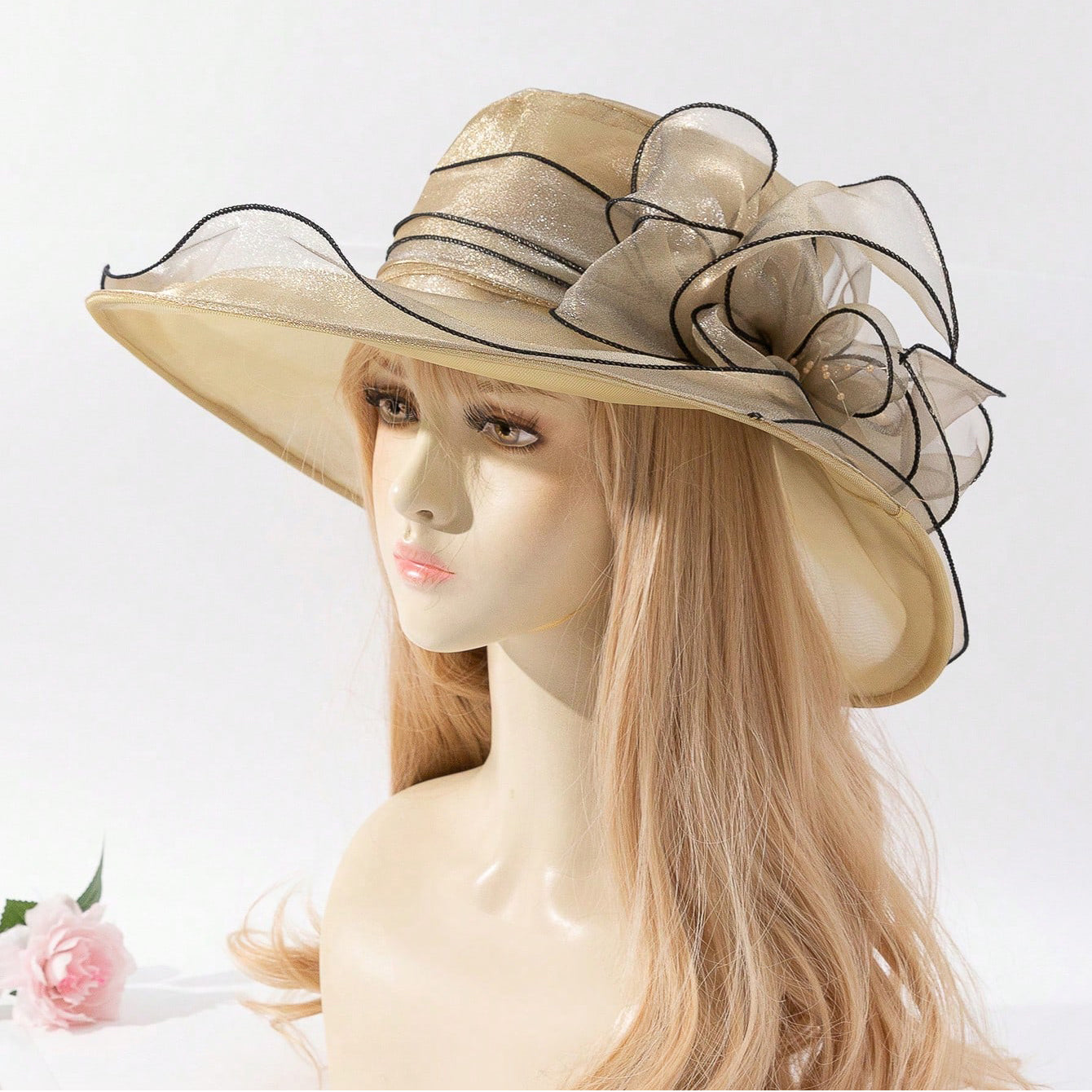 Underside view of chiffon flower fisherman hat showing interior band and soft neutral lining, elegant women's beach cap