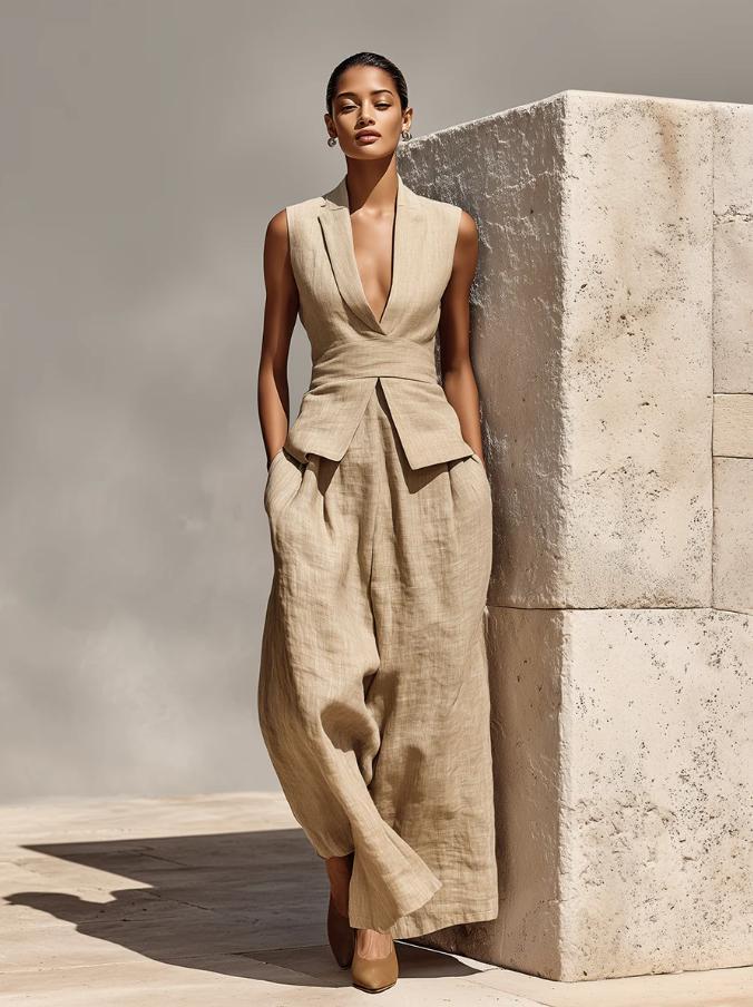 Khaki linen co-ord set featuring a sleeveless V-neck tank top and wide-leg pants on a model, women's casual matching set