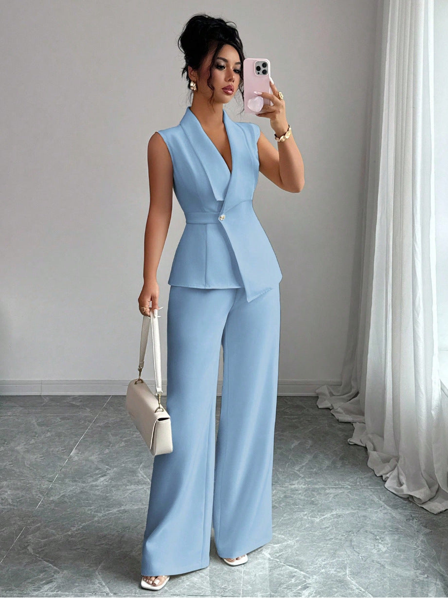 Women's sleeveless blazer and straight-leg pants co-ord set in a tailored workwear style for women