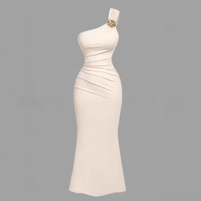 Women's off-shoulder high-waist sleeveless maxi dress shown in a close-up detail view highlighting the neckline and silhouett