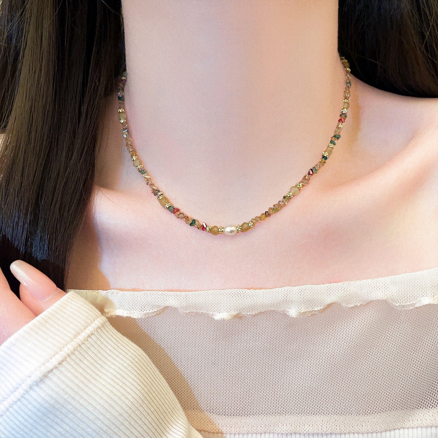 Colorful dopamine clavicle necklace featuring vibrant layered chains in a bold, trendy fashion jewelry style