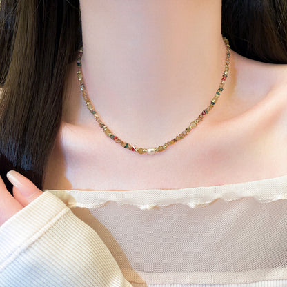 Colorful dopamine clavicle necklace featuring vibrant layered chains in a bold, trendy fashion jewelry style