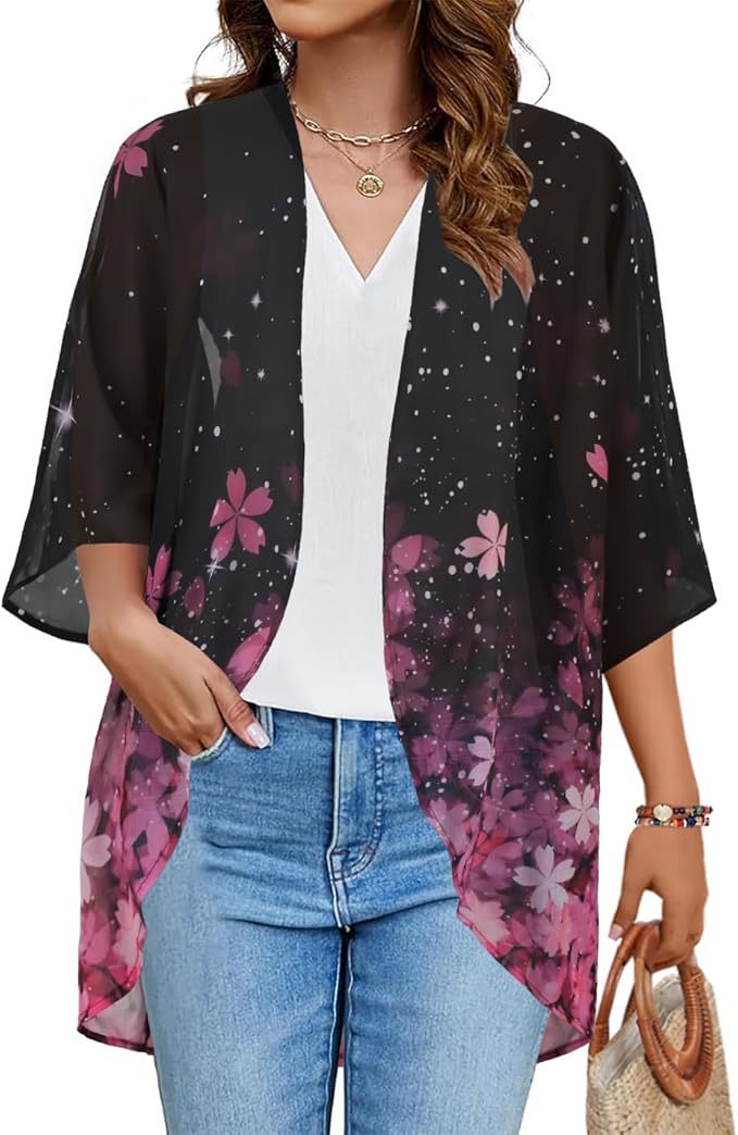 Lightweight floral chiffon cardigan worn open as a beach cover-up, featuring soft pastel print and flowing silhouette