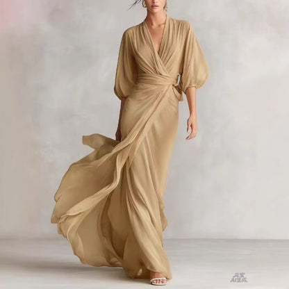 Women's slim-fit A-line long dress in a classic office-ready style, shown from a close detail angle