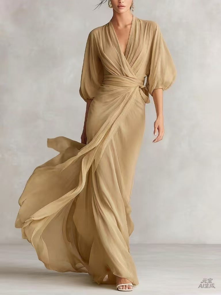 Women's slim-fit A-line long dress in a classic silhouette, styled as elegant office wear for a polished professional look.