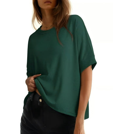 Women's batwing sleeve loose fit cotton top in light grey, featuring a round neckline and relaxed silhouette for casual every