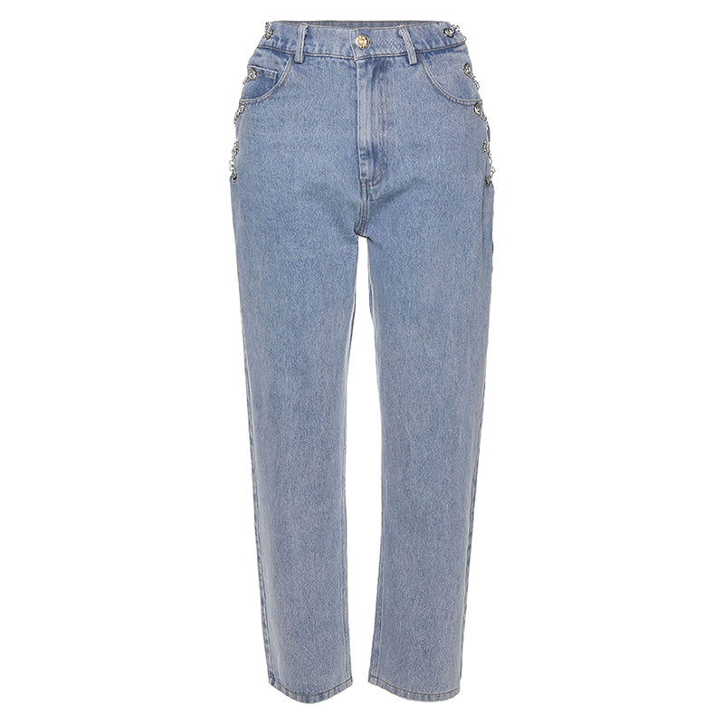 Women's high waist straight leg jeans with silver chain detail at the waist, shown from a close side angle