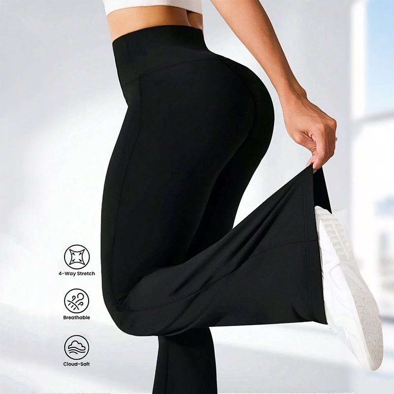Women's high-waist yoga pants close-up showing the elastic waistband and smooth slim fit legging fabric detail