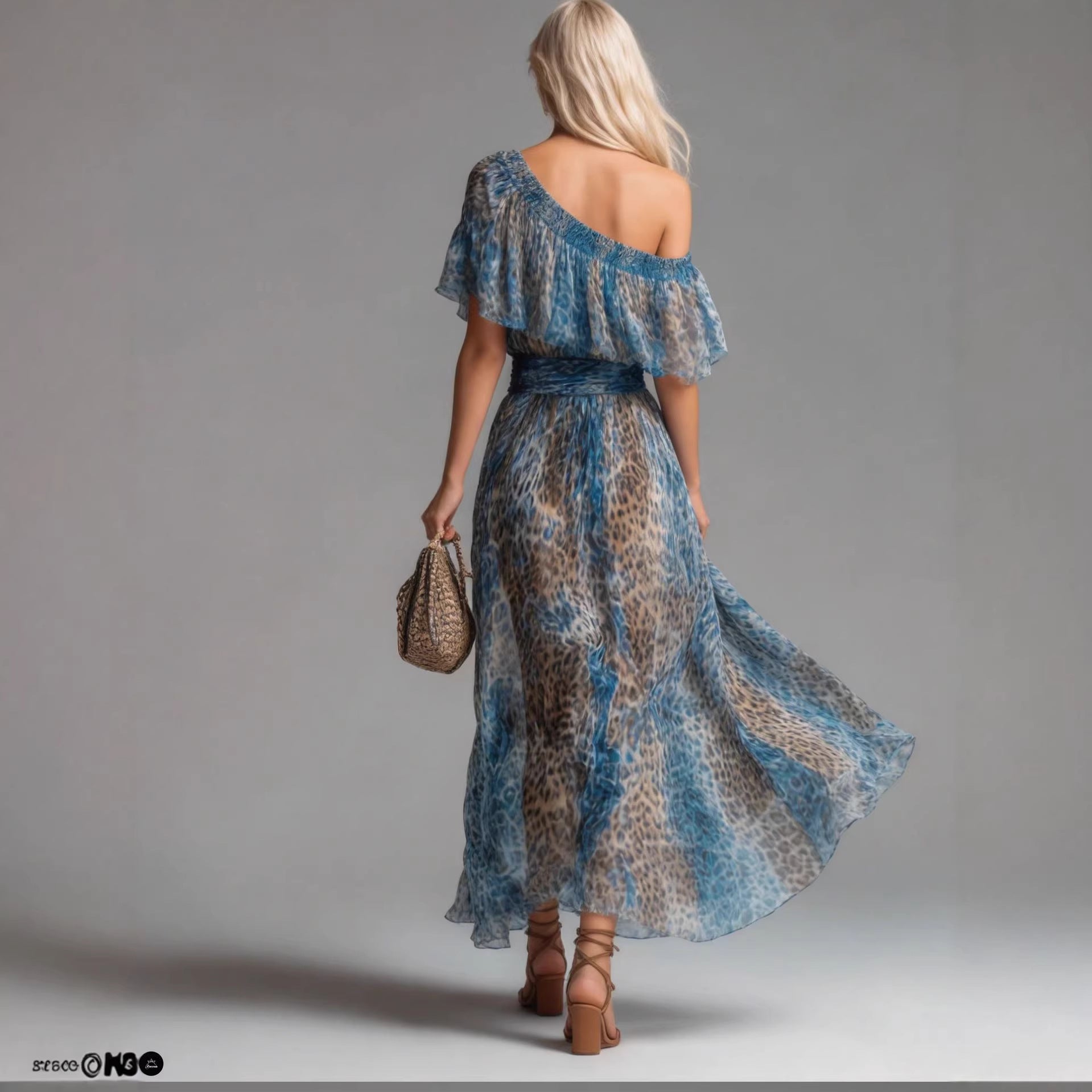 Blue leopard print chiffon off-shoulder boho A-line dress shown from the back, highlighting the flowy skirt and shoulder deta