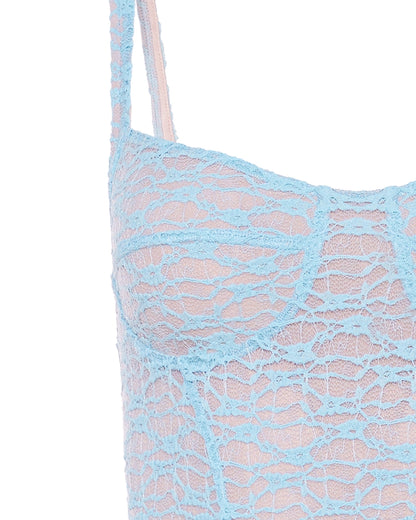 Rose Cutout Back Lace Midi Dress Blue