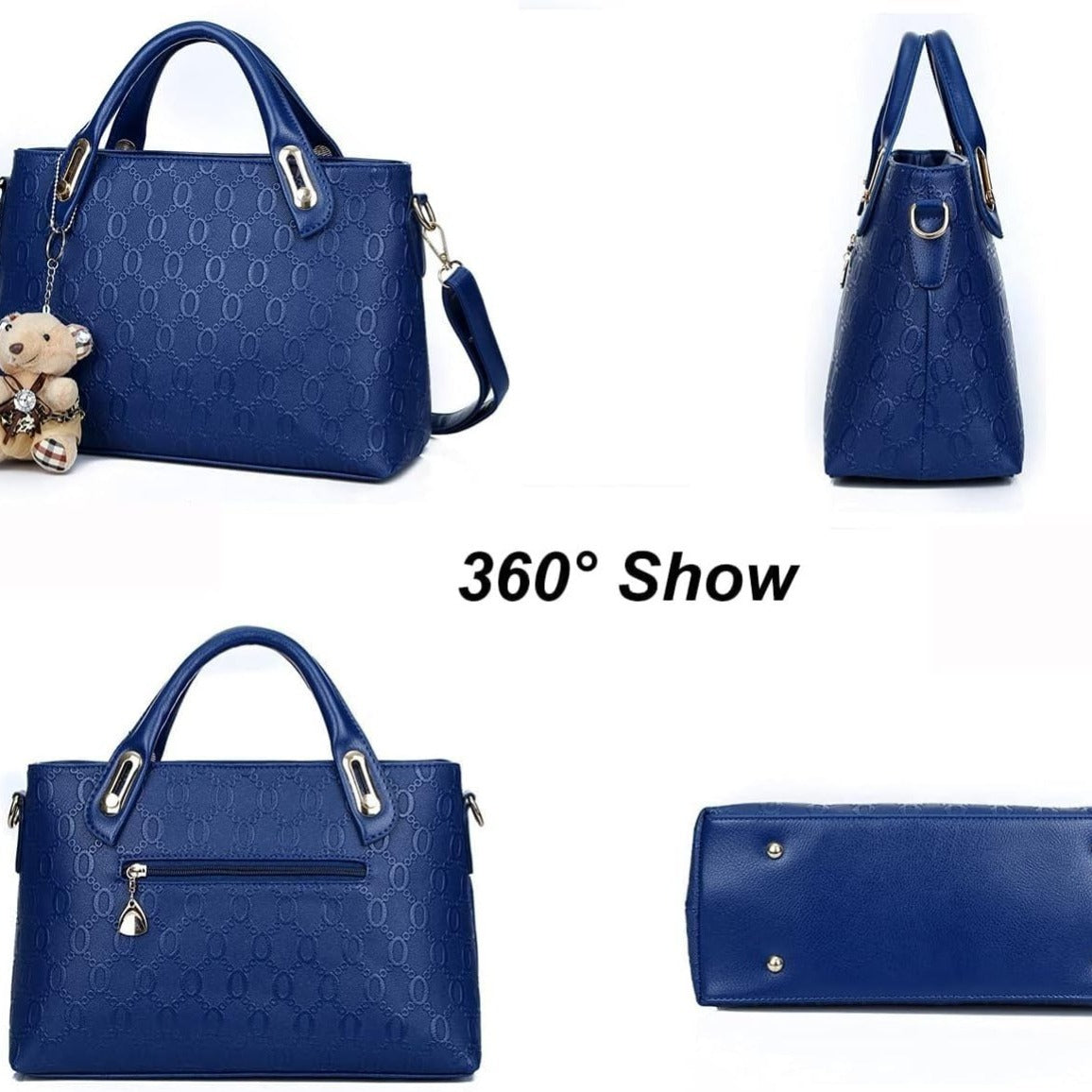 Women's 4-piece PU leather handbag set showing tote, shoulder bag, crossbody bag, and card holder in coordinating style