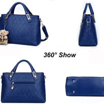 Women's 4-piece PU leather handbag set showing tote, shoulder bag, crossbody bag, and card holder in coordinating style