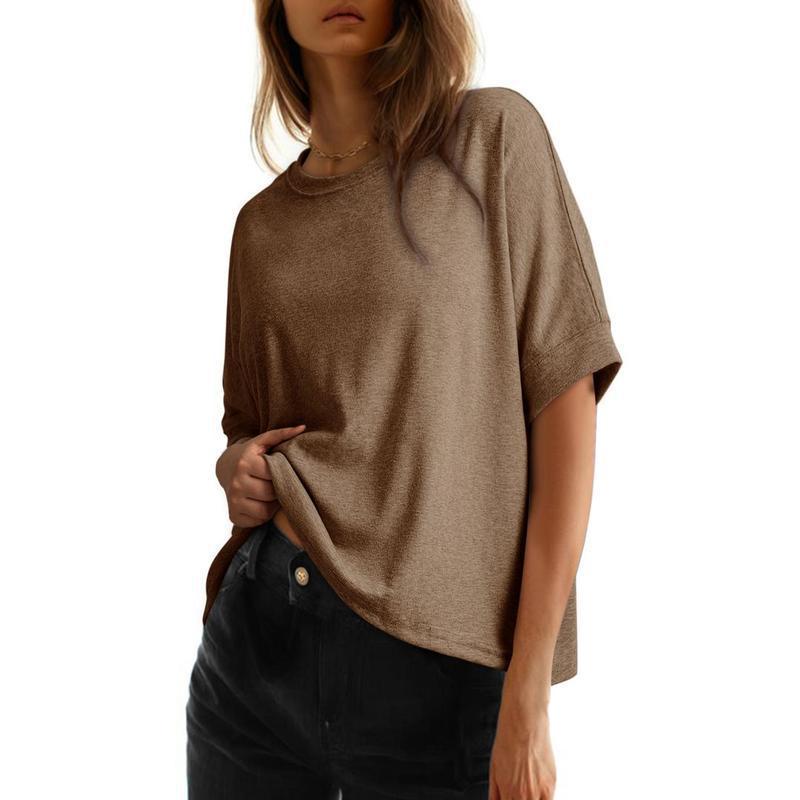 Women's batwing sleeve loose fit cotton casual top in light blue with a relaxed round neckline and easy everyday silhouette