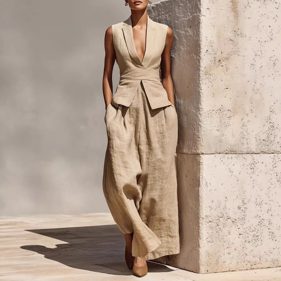 Khaki linen V-neck tank top and wide-leg pants women's matching set displayed as a flat lay