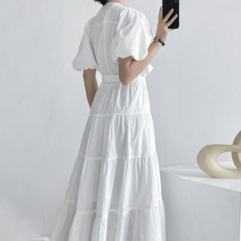Women's Elegant Puff Sleeve Dress O-Neck High Waist Cotton Dress product image 3