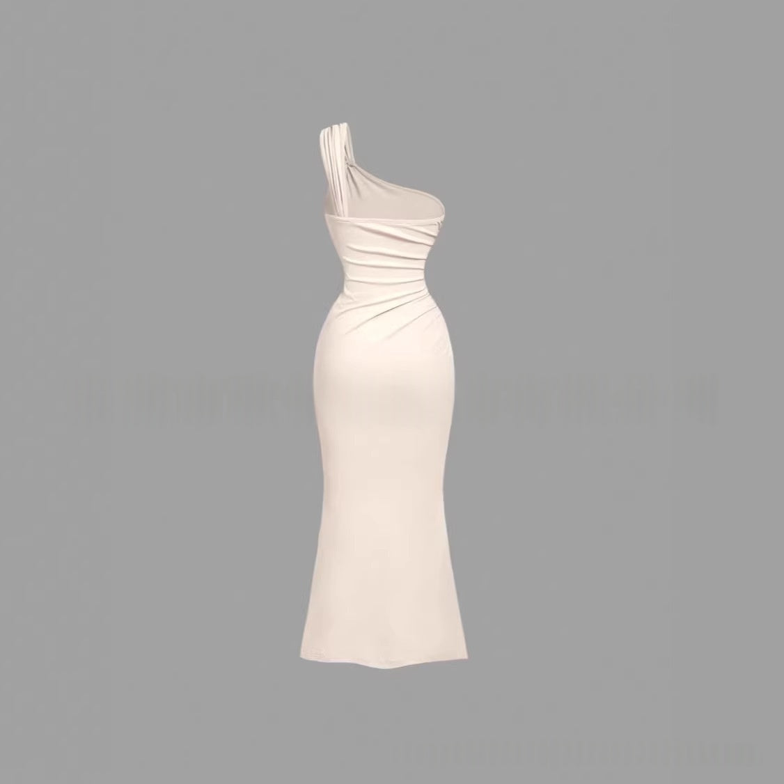 Women's off-shoulder high-waist sleeveless maxi dress shown in a flowing side view, highlighting the elegant silhouette and n