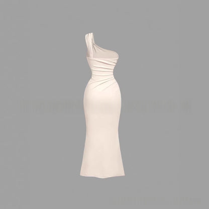 Women's off-shoulder high-waist sleeveless maxi dress shown in a flowing side view, highlighting the elegant silhouette and n