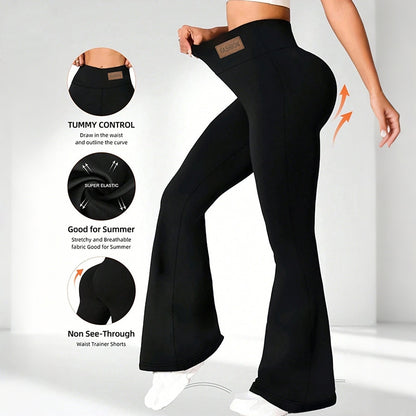 Women's high-waist slim fit yoga pants shown from the side, highlighting the elastic waistband and sleek silhouette for activ