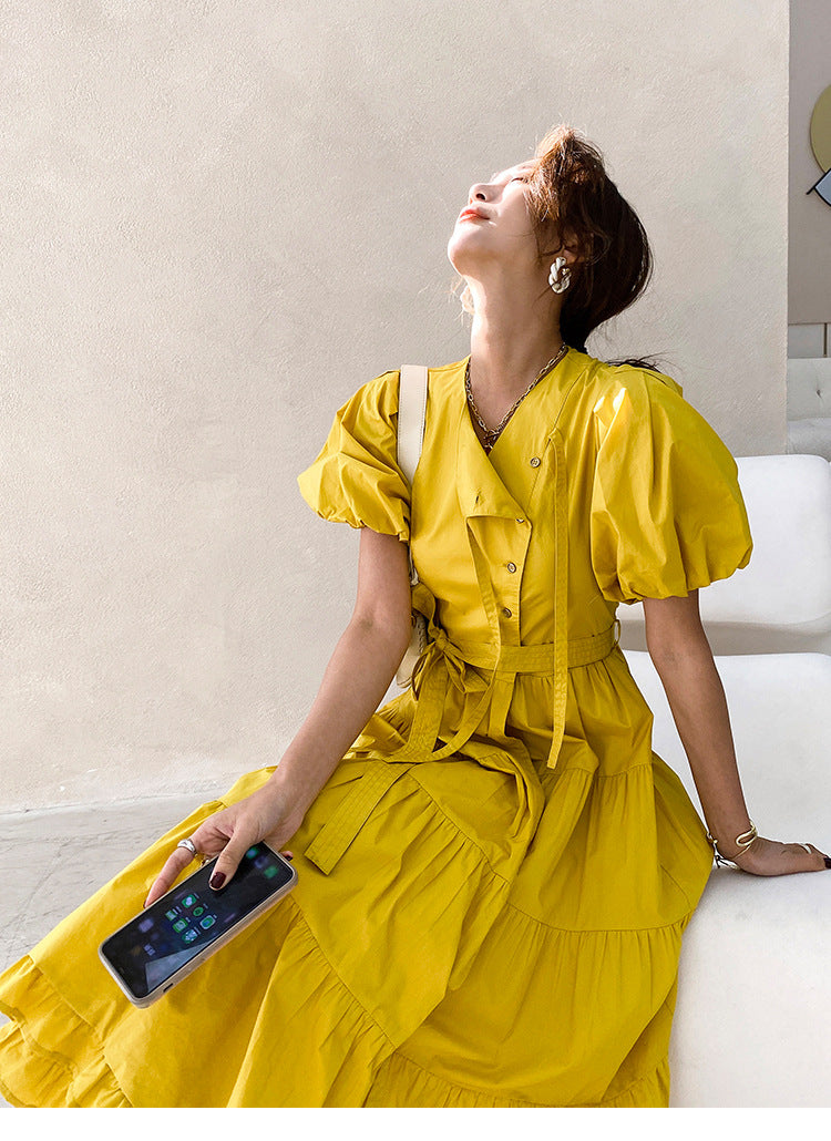 Women's Elegant Puff Sleeve Dress O-Neck High Waist Cotton Dress product image 4