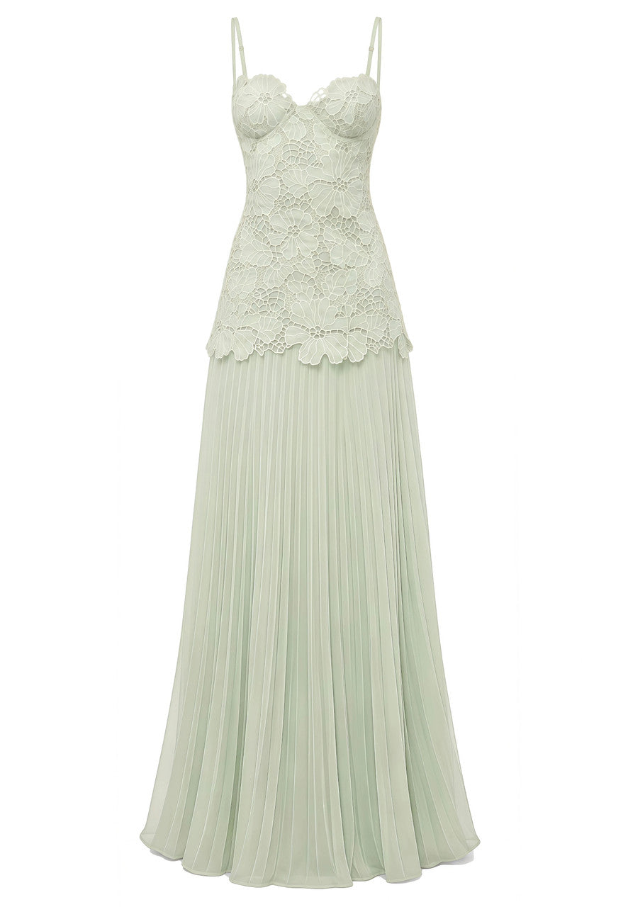 Lace Bustier Pleated Maxi Dress Green