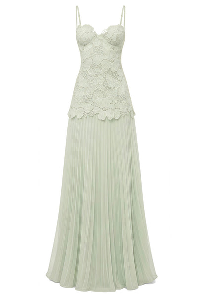 Lace Bustier Pleated Maxi Dress Green