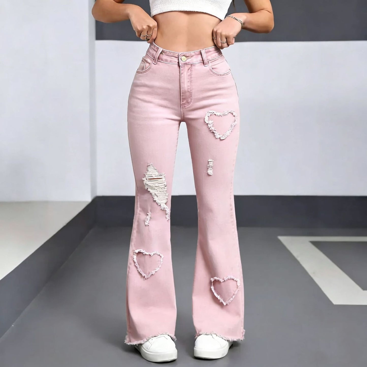 Women's High Waist Flared Denim Jeans with Embroidery & Ripped Details product image 2