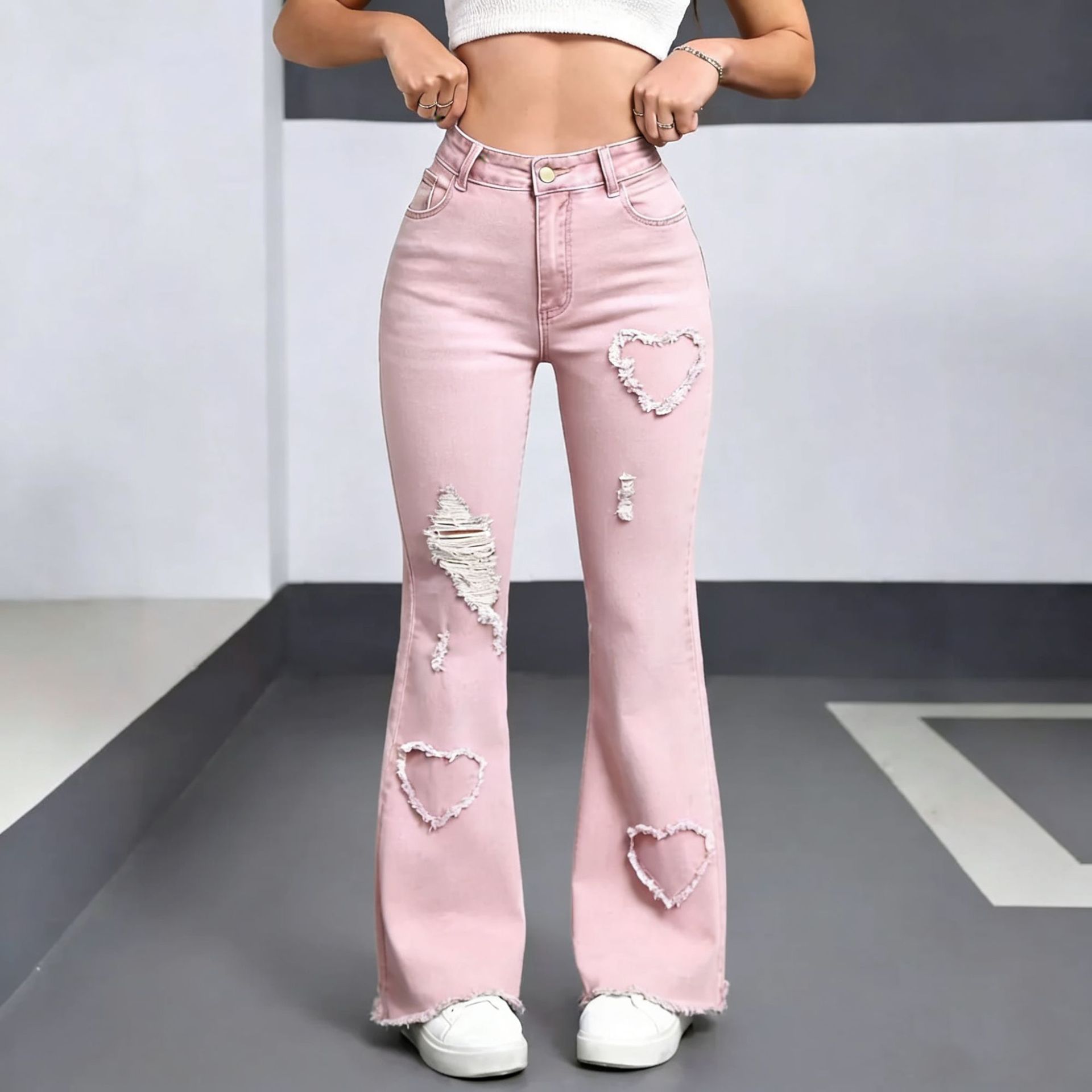 Women's High Waist Flared Denim Jeans with Embroidery & Ripped Details product image 2