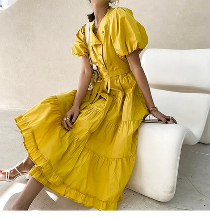 Women's Elegant Puff Sleeve Dress O-Neck High Waist Cotton Dress product image 8