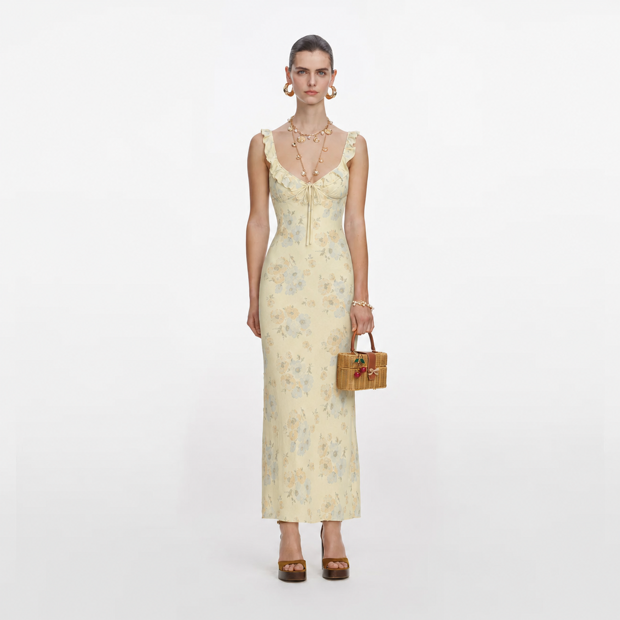 Yellow Floral V-Neck Maxi Dress