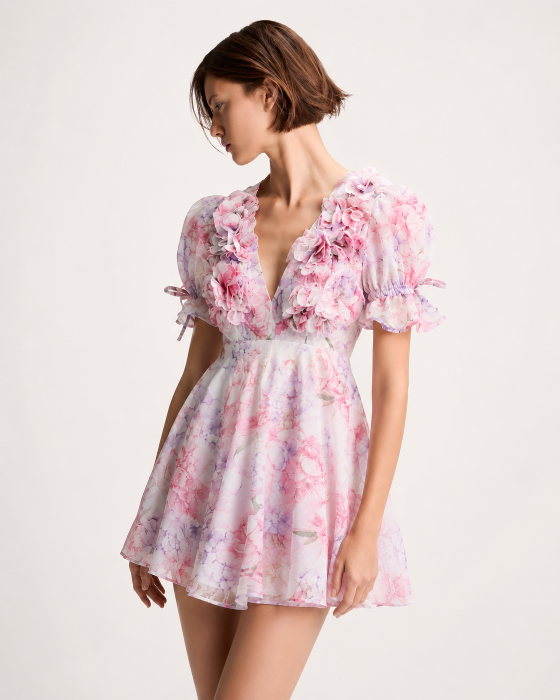 Flare Sleeve V-Neck Mini Dress