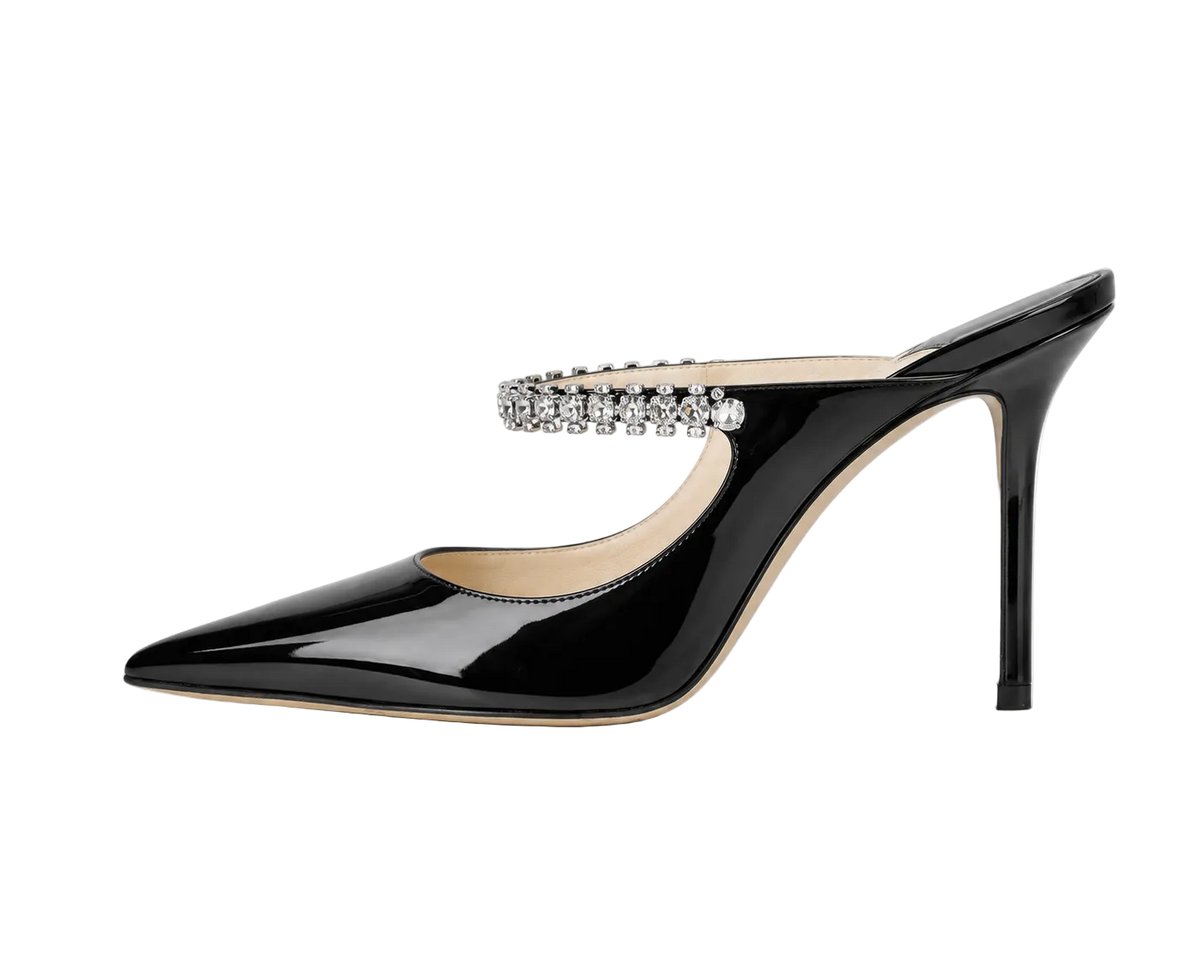 Black Crystal Strap Pointed-Toe Mules