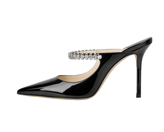 Black Crystal Strap Pointed-Toe Mules