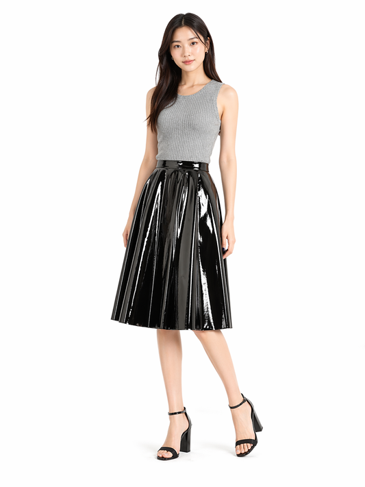Pleated Midi Faux Leather Skirt