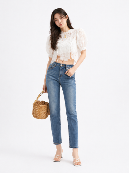 Organza Floral Bubble Sleeve Blouse