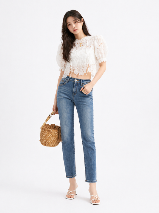 Organza Floral Bubble Sleeve Blouse
