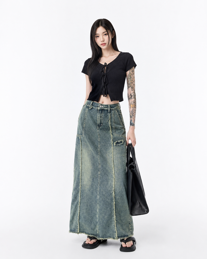 Raw Hem Denim Midi Skirt