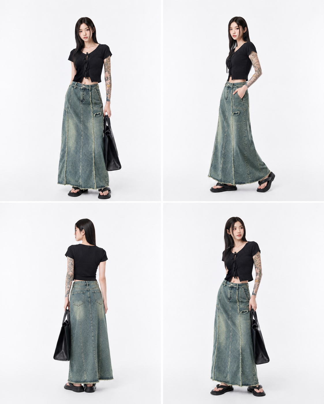 Raw Hem Denim Midi Skirt