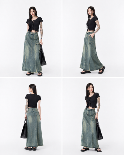 Raw Hem Denim Midi Skirt