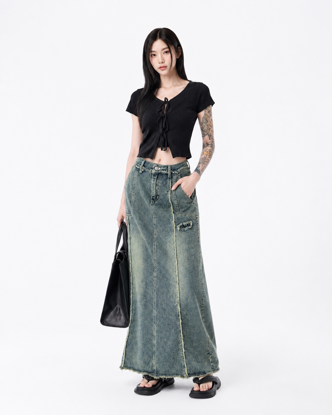 Raw Hem Denim Midi Skirt