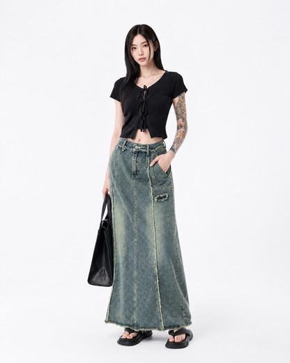 Raw Hem Denim Midi Skirt