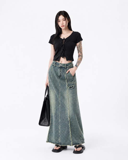 Raw Hem Denim Midi Skirt