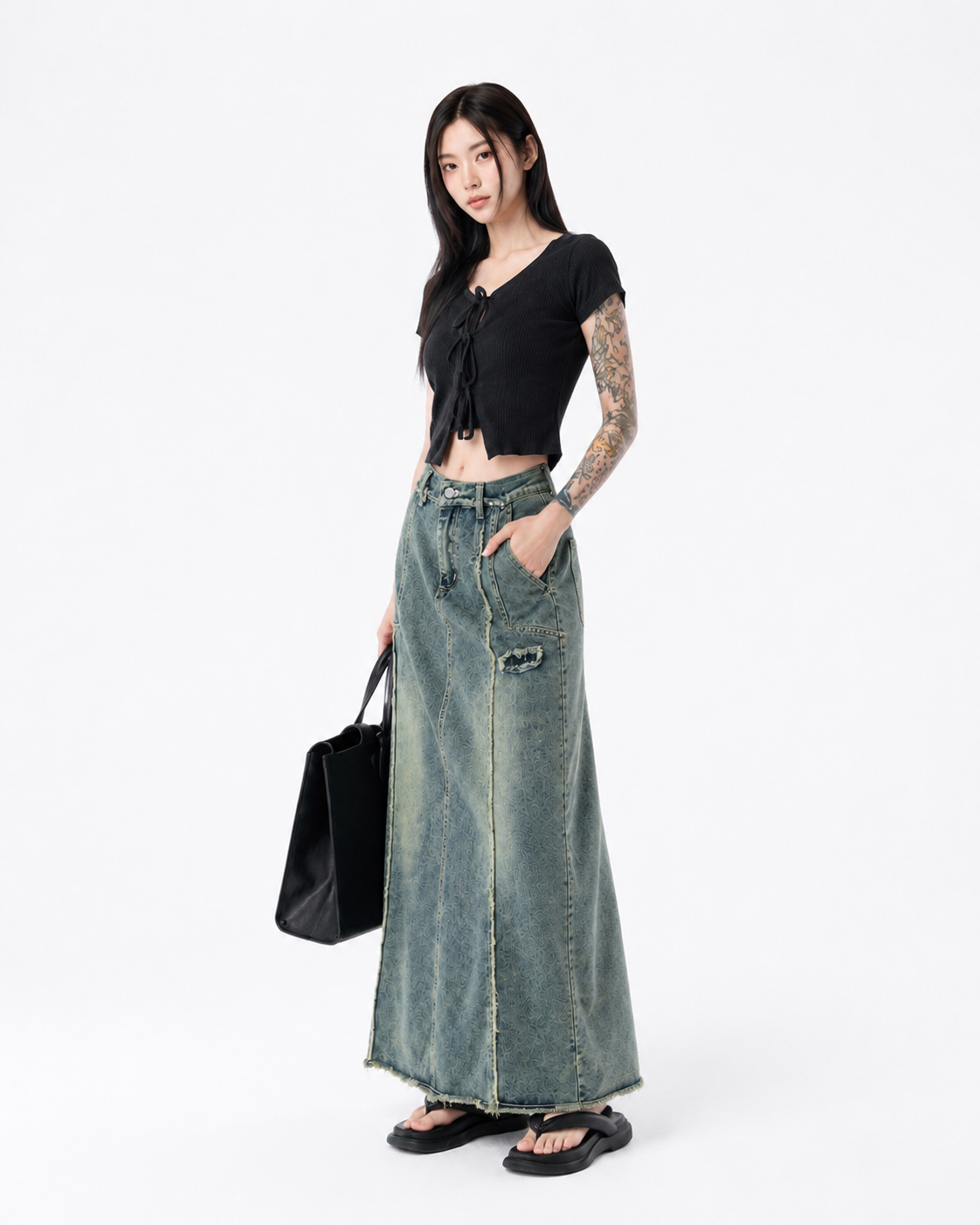 Raw Hem Denim Midi Skirt