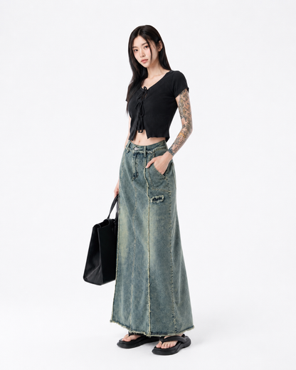 Raw Hem Denim Midi Skirt